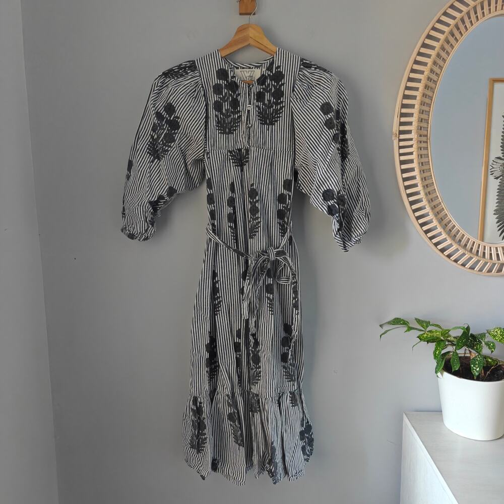 SZ Blockprints Aaron Navy Floral Stripe Puff Sleeve Midi Dress S Belted Cotton